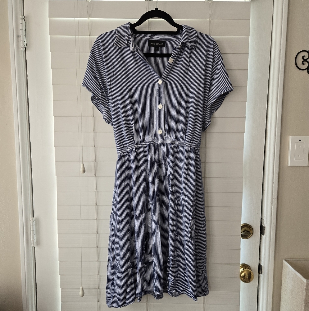 Lane Bryant Dress 16 Womens Linen-like Blue Stripe Flowy Midi Coastal Wardrobe